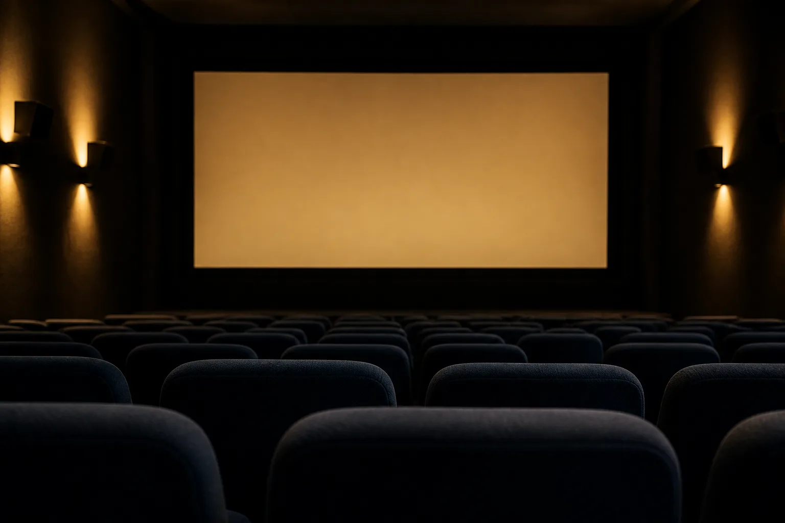 An empty intimate cinema with a softly illuminated blank screen and rows of seats, photographed from the back