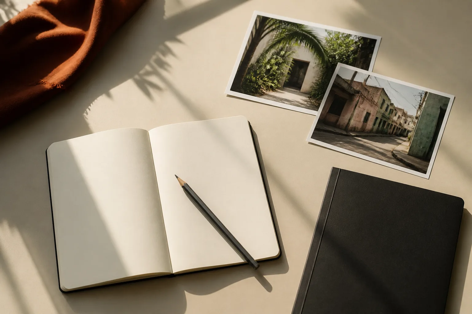 A carefully arranged project-preparation table with an open unmarked notebook, location photographs and a pencil