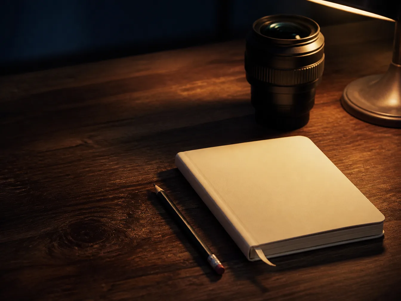Warm evening light across a film-project preparation desk with a closed notebook, pencil and a single cinema lens