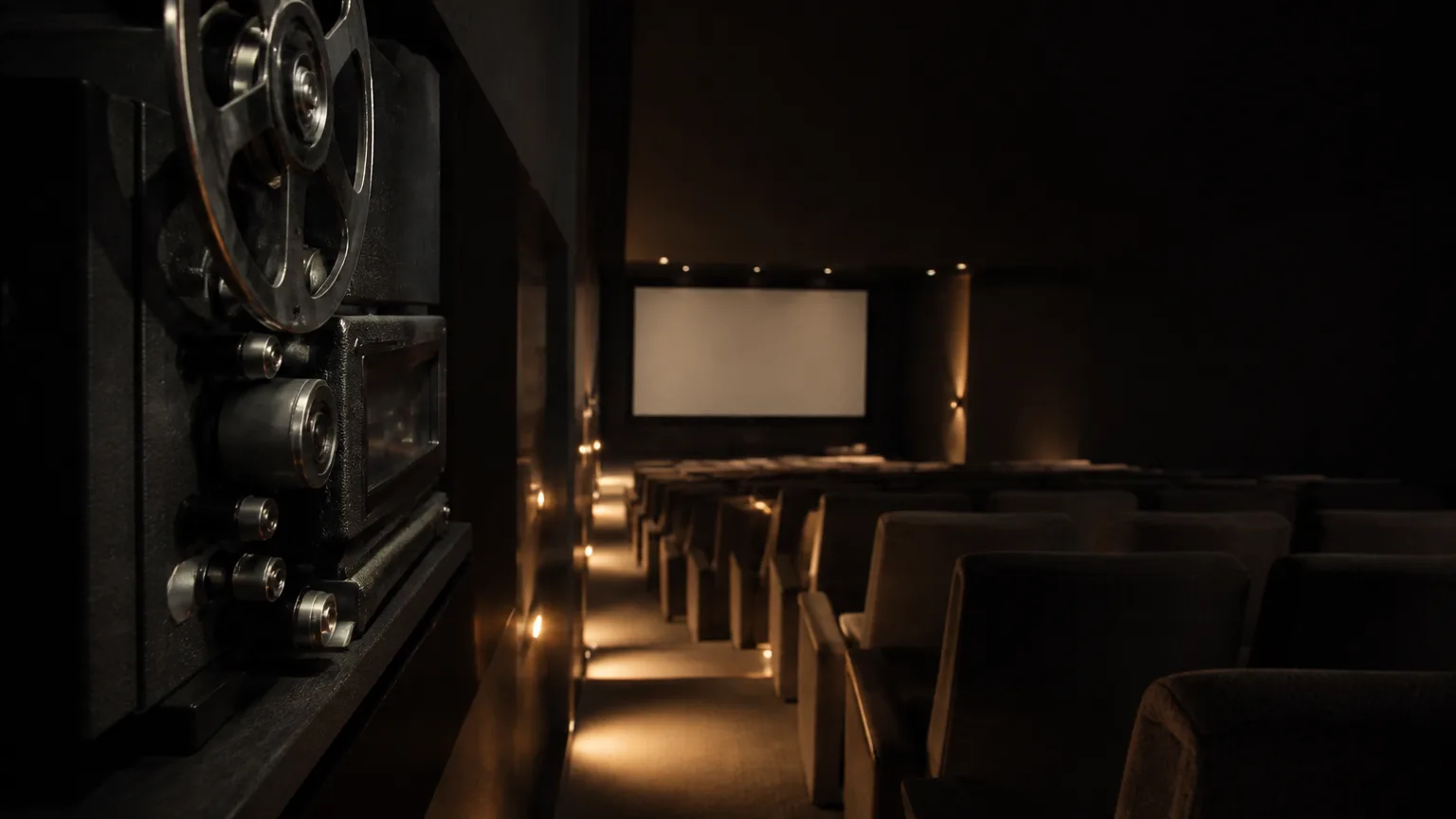 Commissioned still-life photograph of an empty screening room with a cinema projector and warm aisle lighting