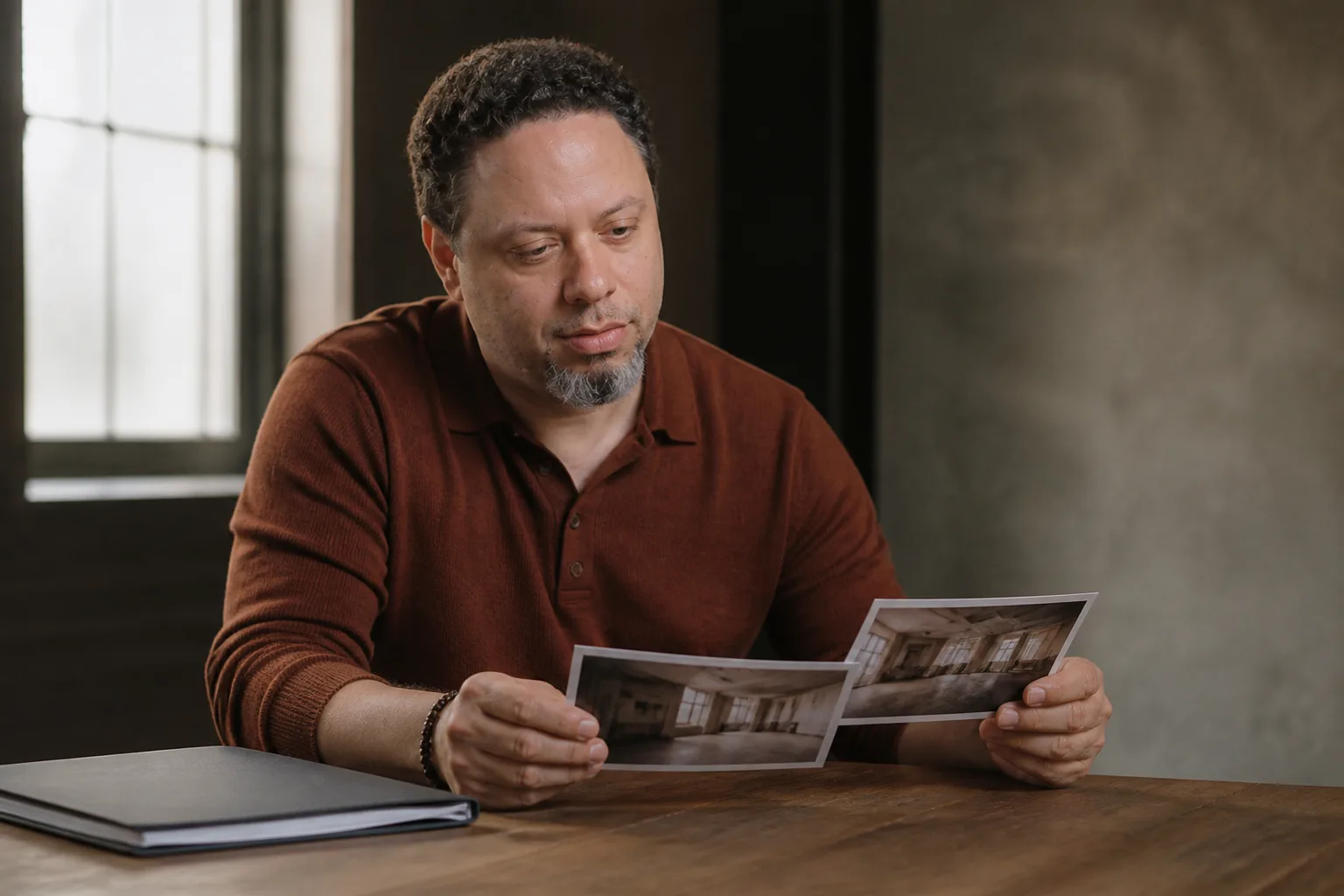 Commissioned photograph of Tristan reviewing a closed project folder and location photographs at a preparation table